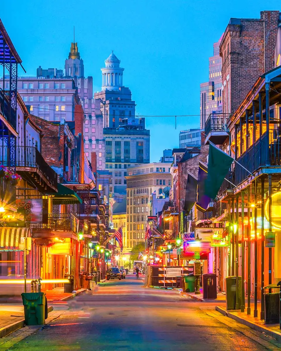 Bourbon Street in the French Quarter at night seen in New Orleans Louisiana