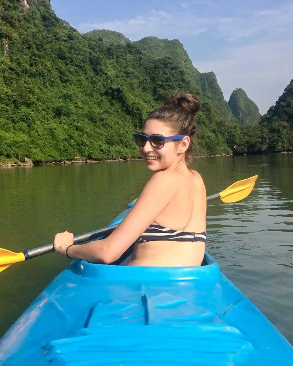 Brittni kayaking in Ha Long Bay, Vietnam