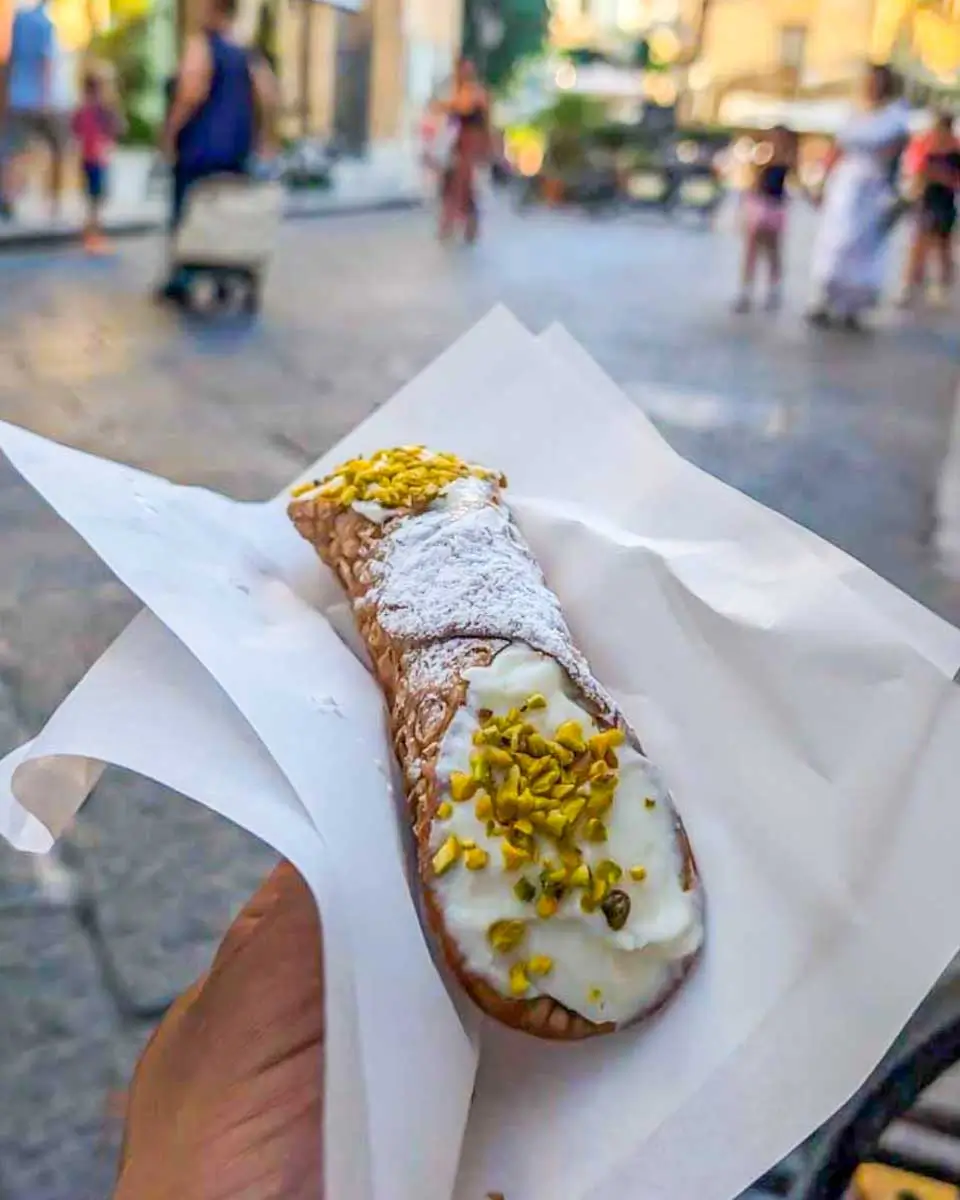 Cannoli eaten on a food tour in Syracuse, Sicily Italy