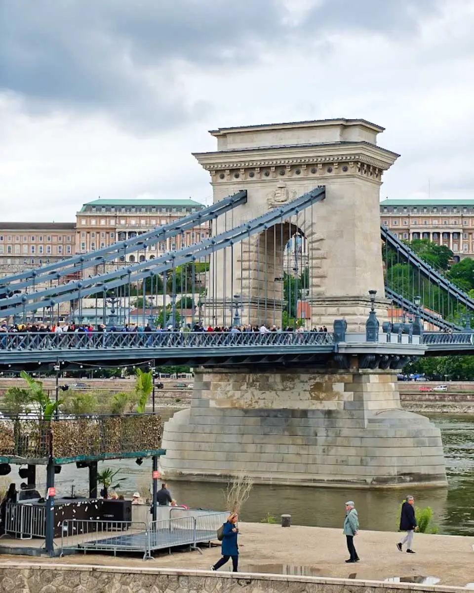 Chain Bridge in Budapest seen while walking along Danube