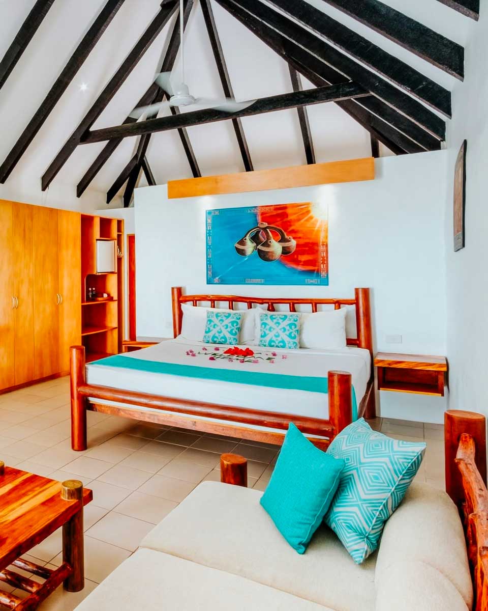 Colorful bungalow room at Tropicana Island Resort in Fiji