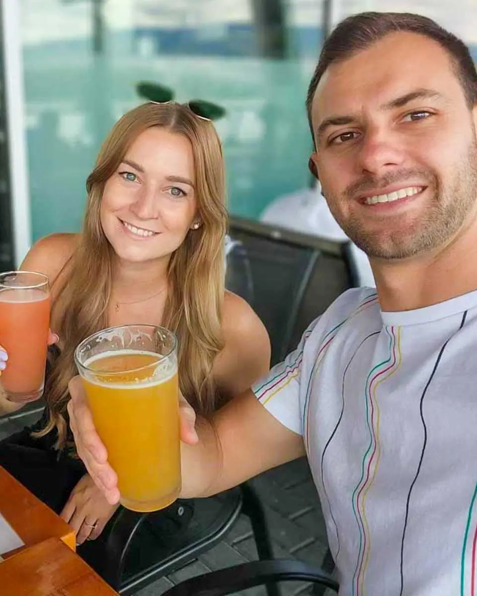 Daniel and Bailey drinking at a restaurant in Newport