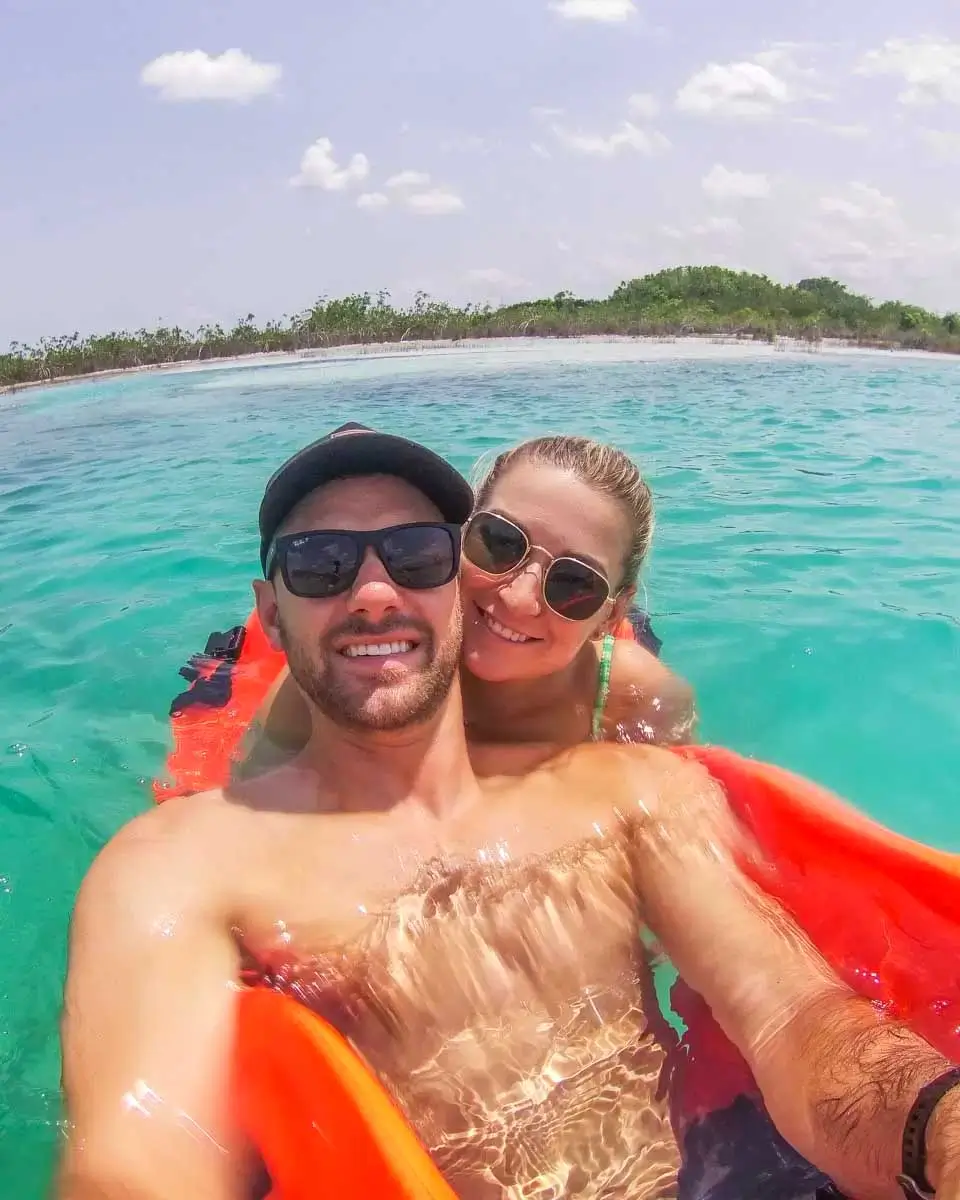 Daniel and Bailey taking a selfie in Bacalar Lagoon near Costa Maya Mexico