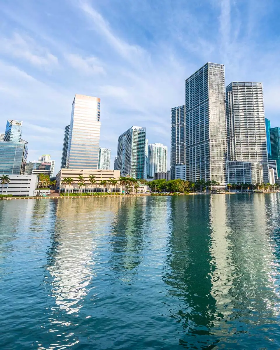 Downtown Miami skyline seen from a speedboat