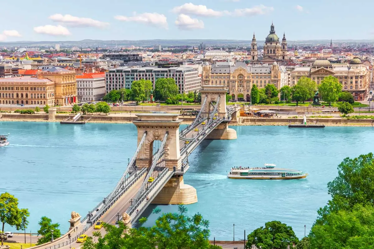 Famous Chain Bridge over blue Danube in Budapest with St. Stephens basilica view, Hungary