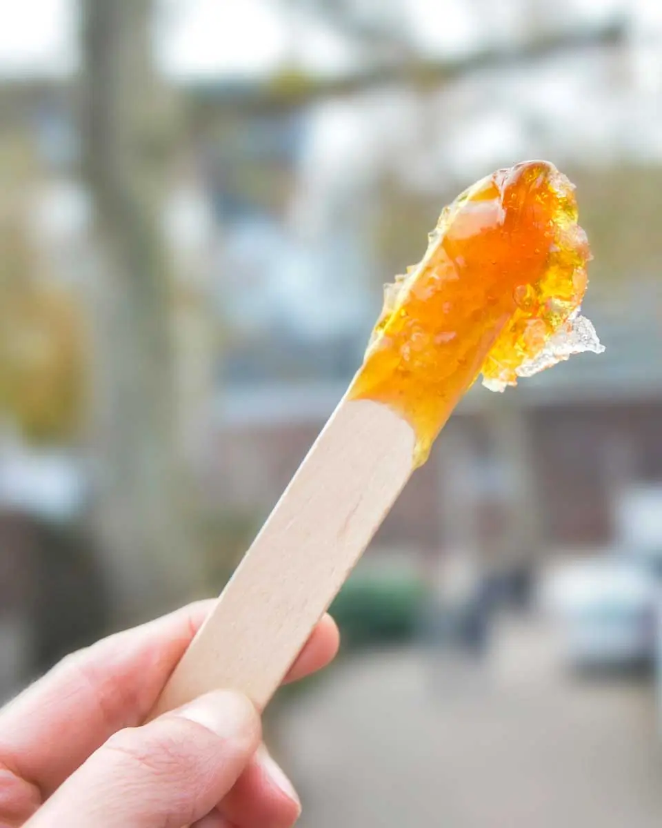 Frozen maple candy on a food tour in Quebec city