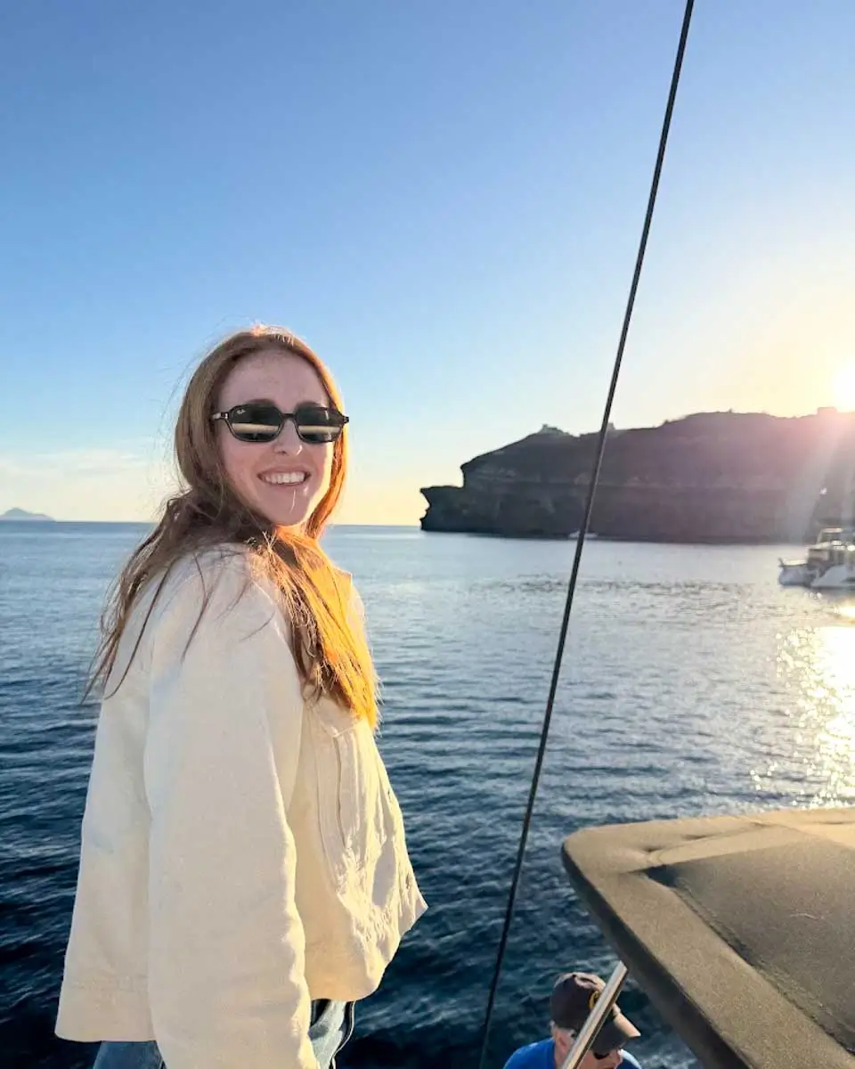 Hannah on a catamaran cruise tour in Naxos, Greece