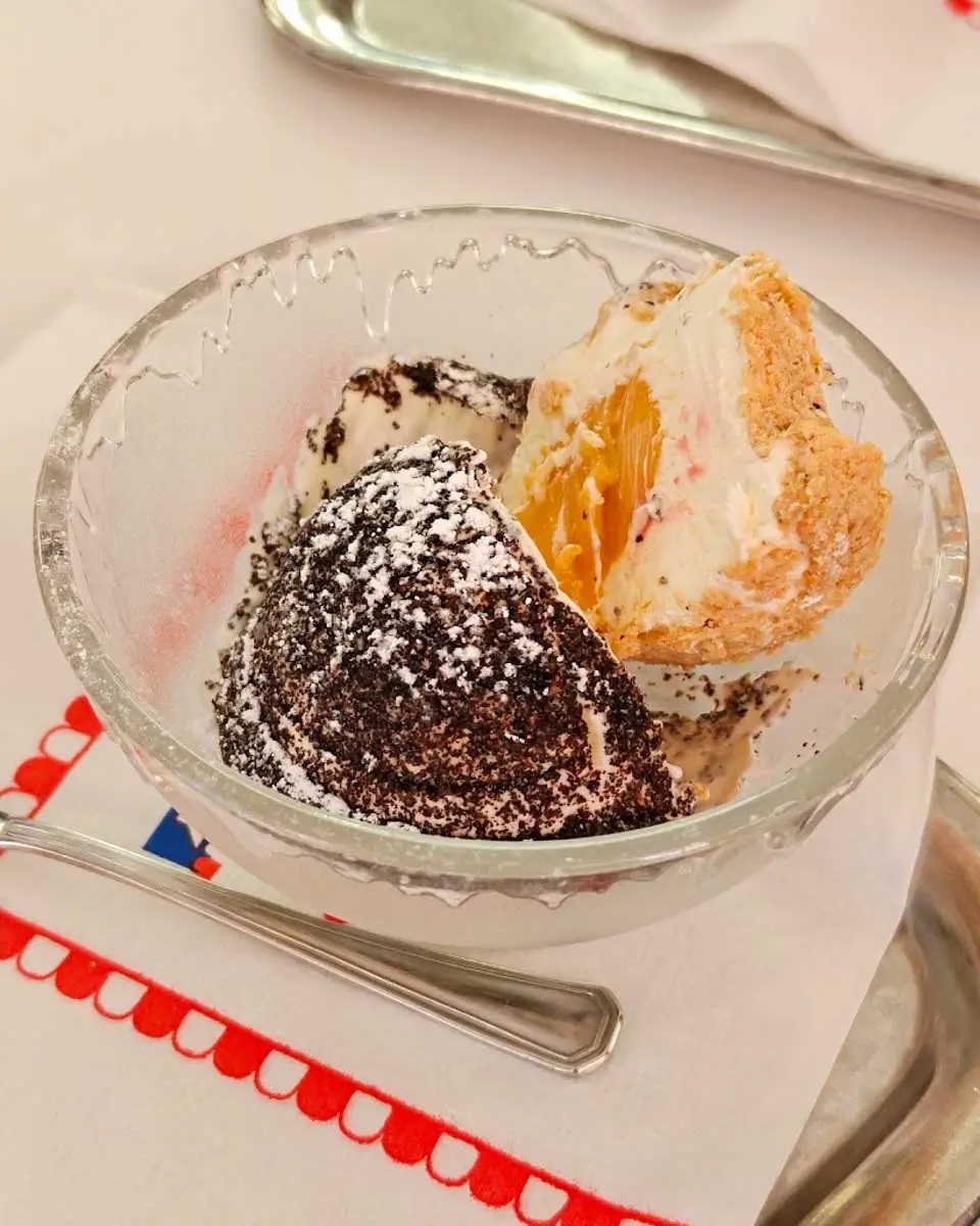 Traditional Austrian ice cream dumplings served at Eissalon Tichy in Vienna