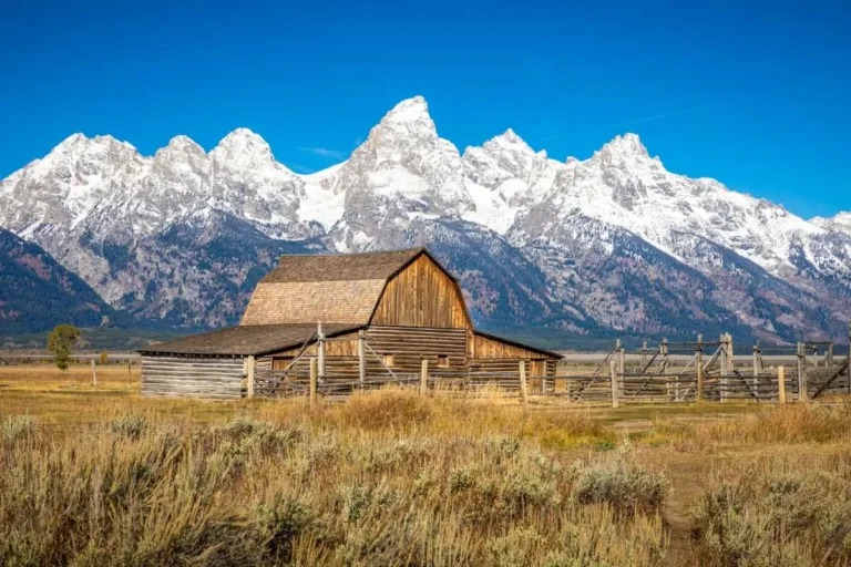 Iconic wooden barn of Mormon Row Historical District in Grand Tetons near Jackson Hole Wyoming