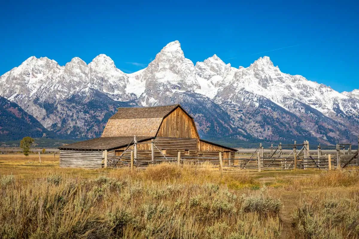 Iconic wooden barn of Mormon Row Historical District in Grand Tetons near Jackson Hole Wyoming