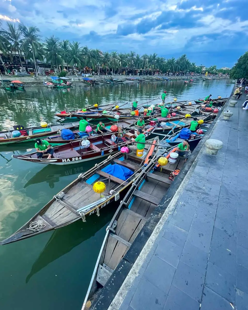 Lantern boats lines at the river in Hoi An, Vietnam