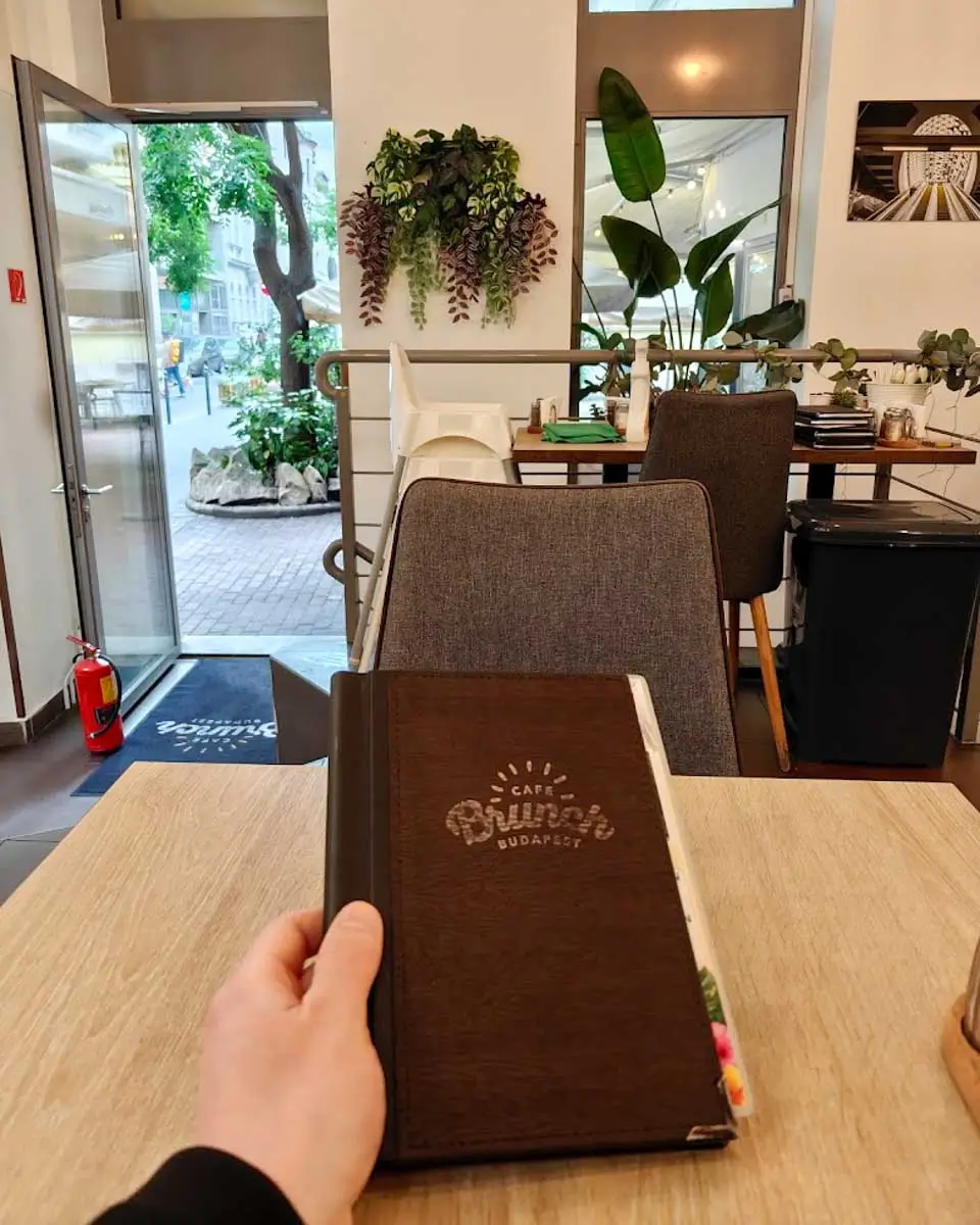 Luke holding the menu at Cafe Brunch while dining in Budapest