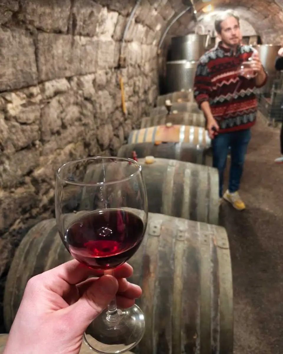 Luke holding red wine fresh off the barrel on a wine tour in Budapest