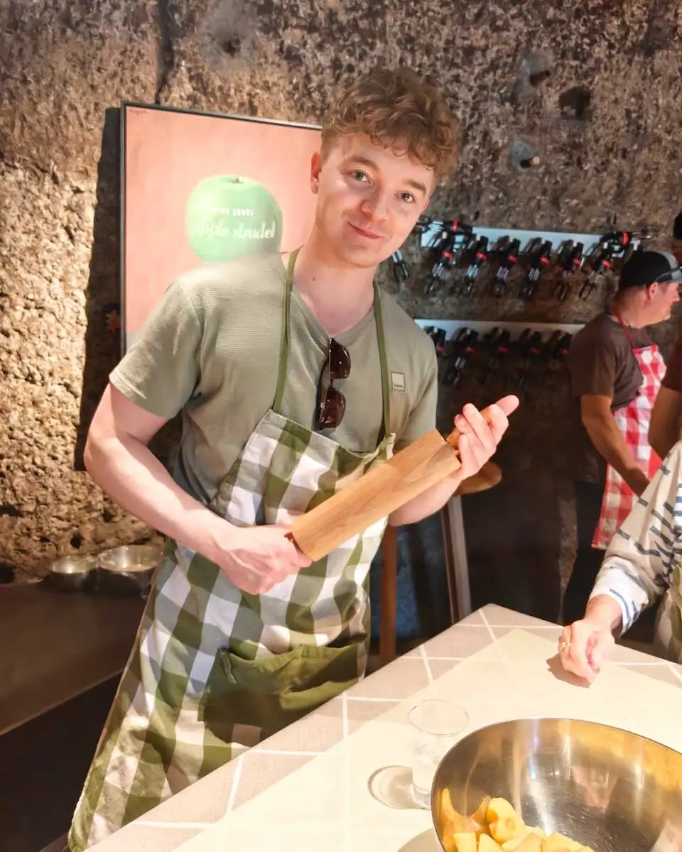 Luke making Apple Strudel during a cooking class in Salzburg