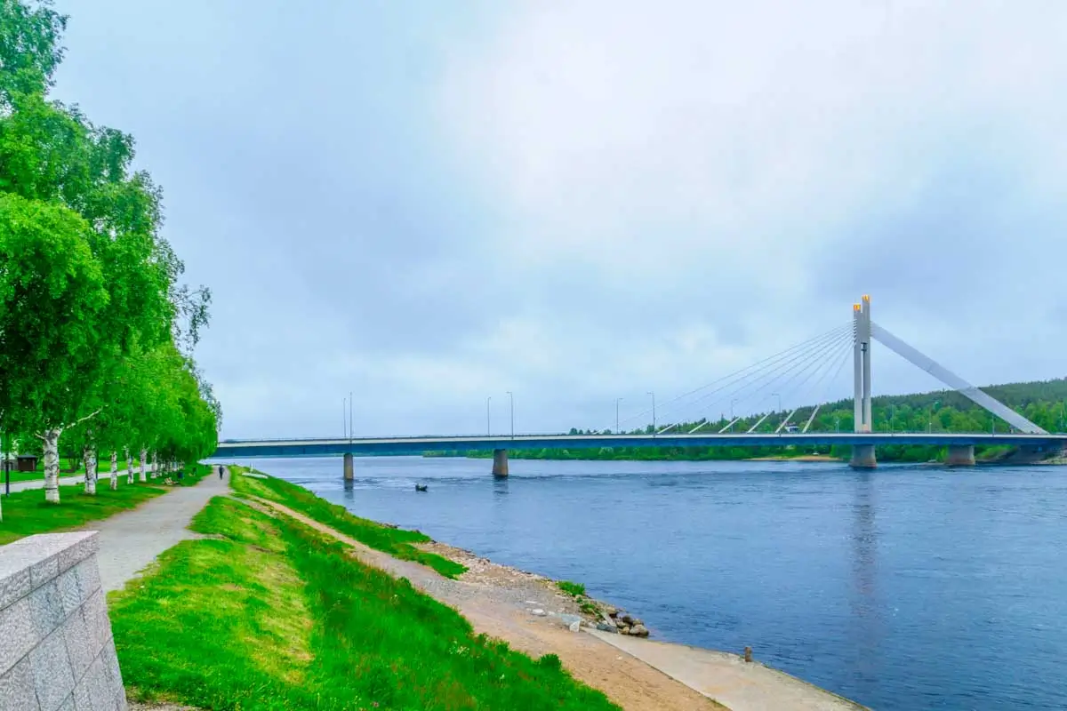 Lumberjacks Candle Bridge and the Kemijoki River in Rovaniemi Finland