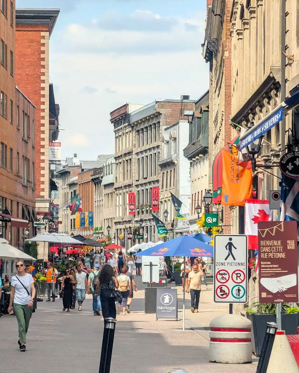 Old Montreal steet lined with shops and restaurants