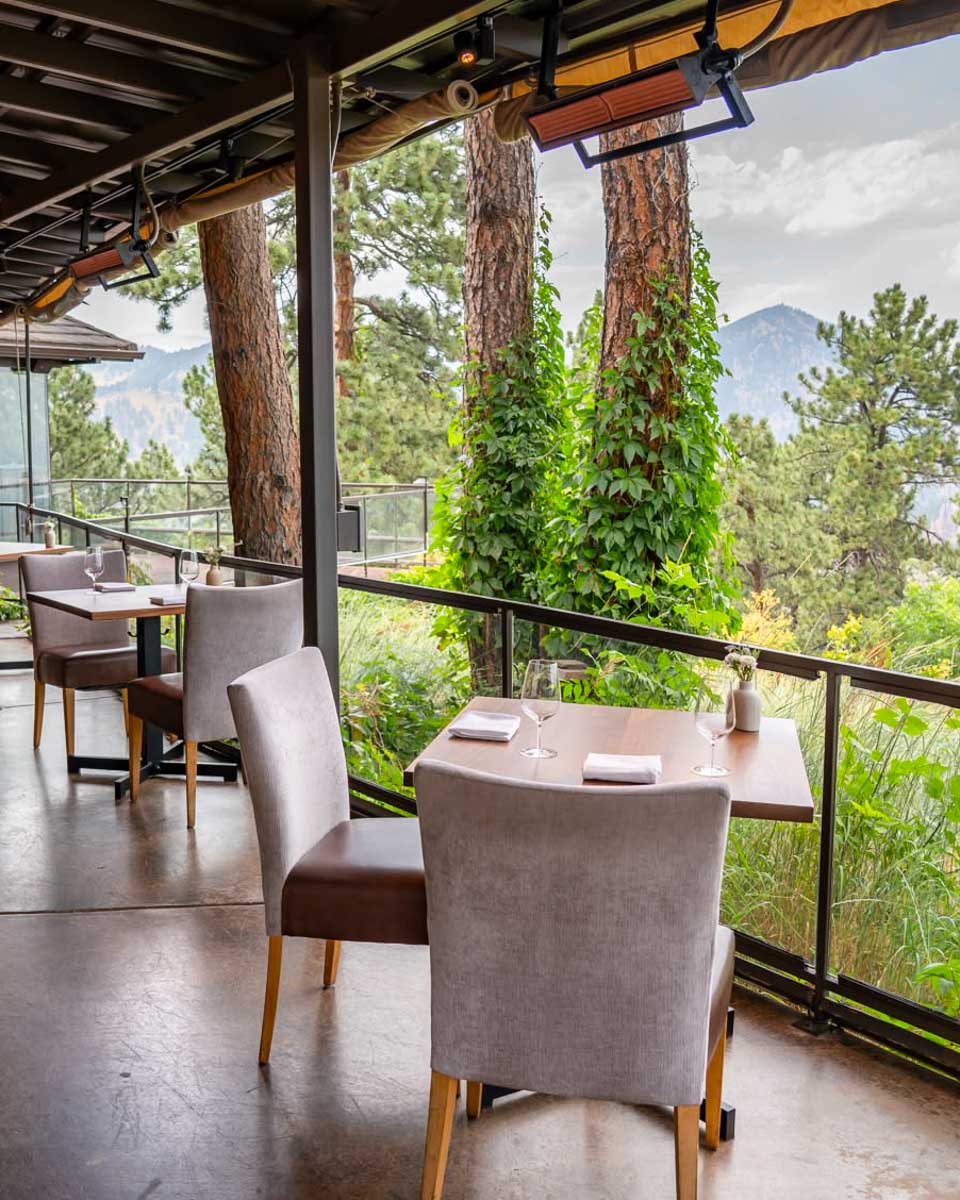 Outdoor dining tables at Flagstaff House Restaurant in Boulder