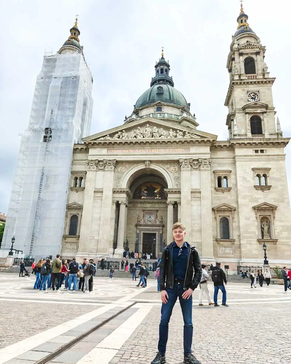 Luke standing outside the Szent István Bazilika in Budapest, Hungary