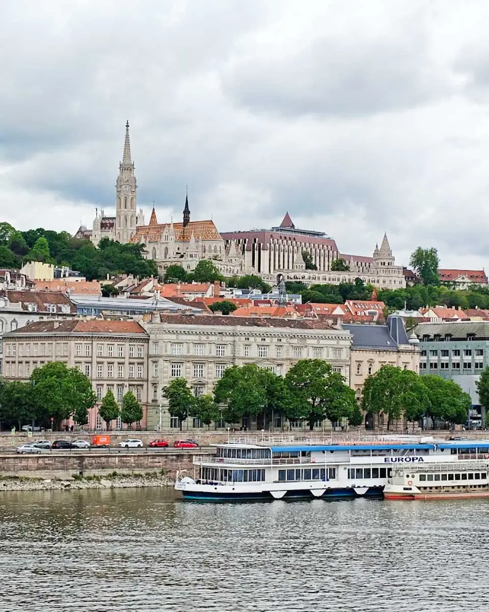 View of Buda Castle and Matthias Church from the Danube Promenade in Budapest