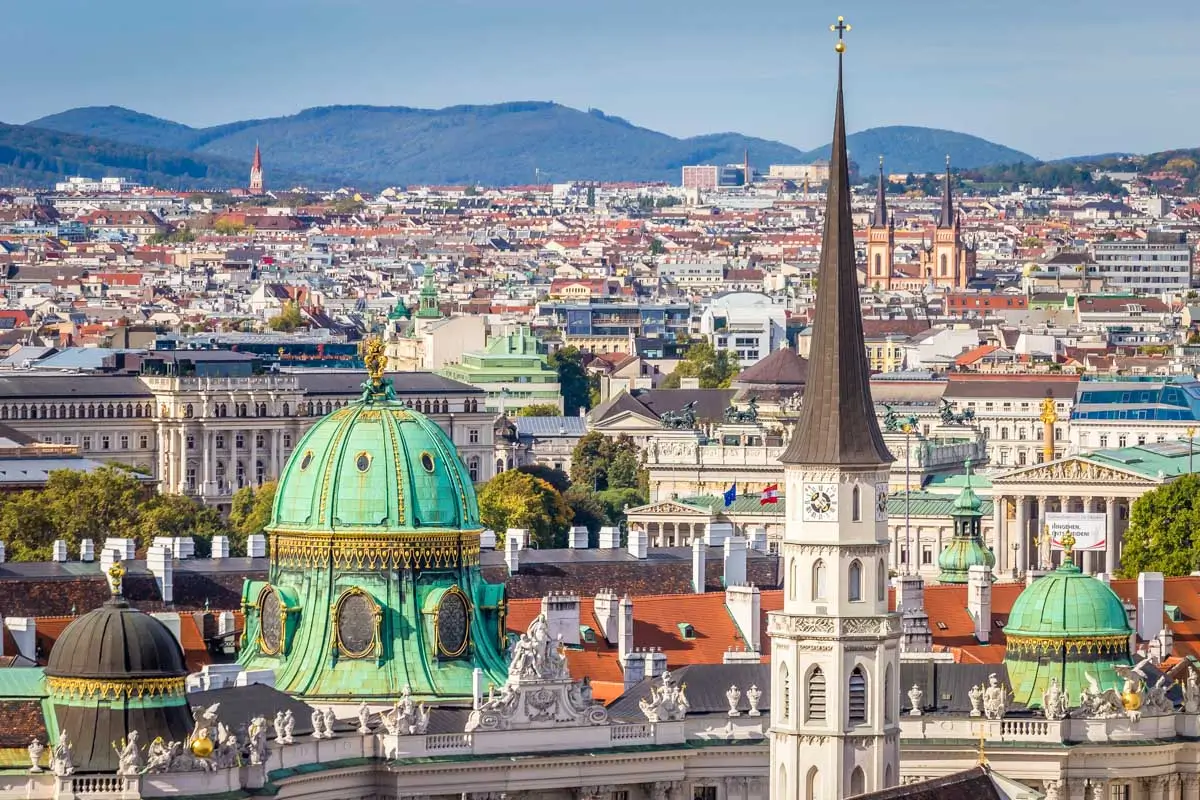 Panoramic view of Vienna's historic city center with St. Stephen's Cathedral in the distance