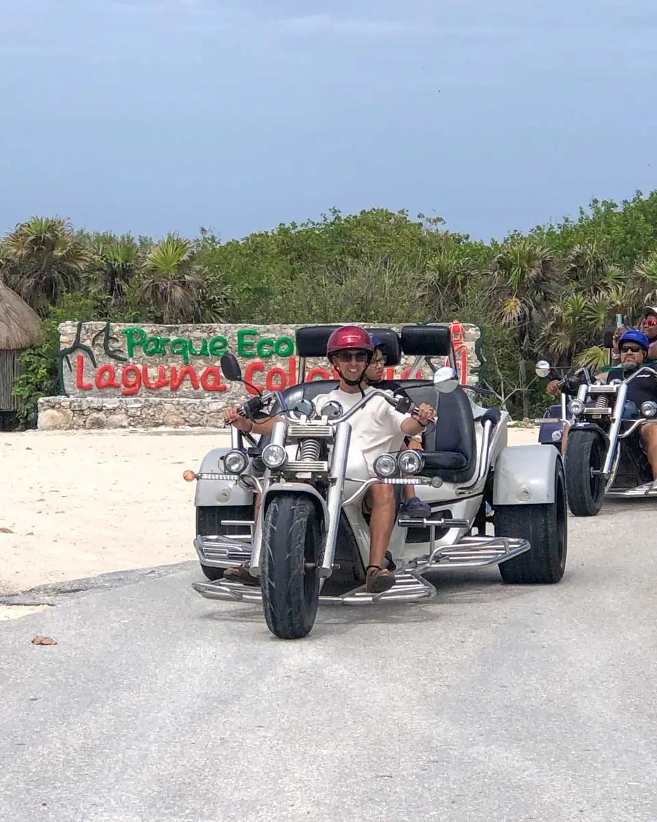 People riding trike on a tour in Cozumel