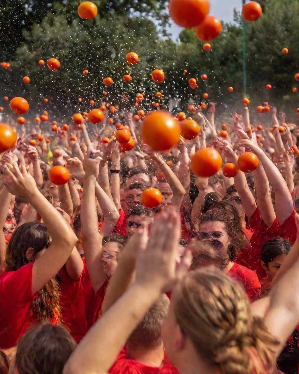 People throw tomatoes at La Tomatina in Spain