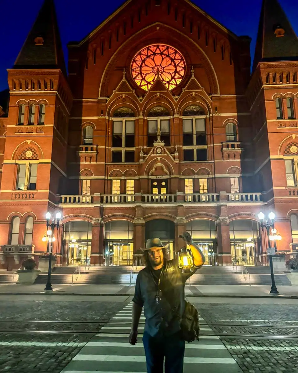 Phantoms of the Pig Iron Past Cursed Cincinnati Ghost Tours - Our guide Patrick in front of Music Hall - Cincinnati