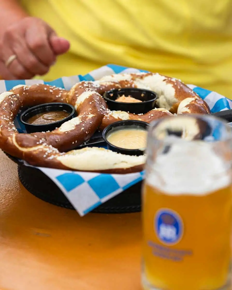 Pretzel and beer at Hofbrauhaus Newport in Cincinnati
