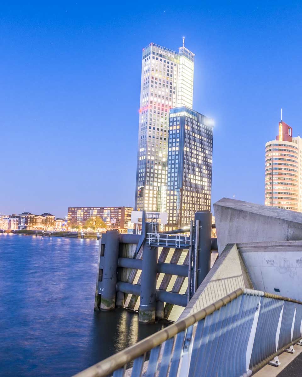 Rotterdam skyline at sunset seen from the Erasmus Bridge