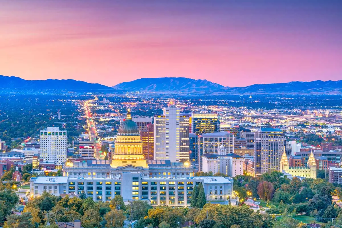 Salt Lake City, Utah at sunset dusk