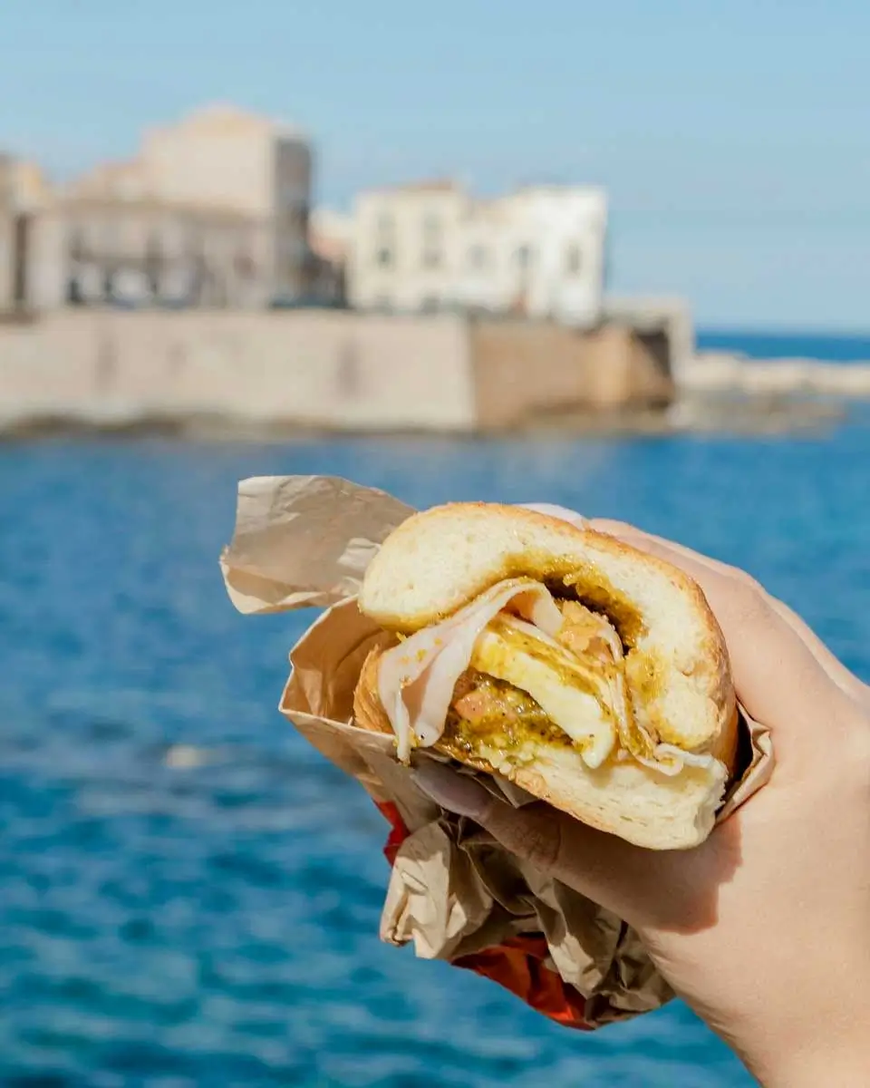Sandwich with a view at Caseificio Borderi, Syracuse, Italy