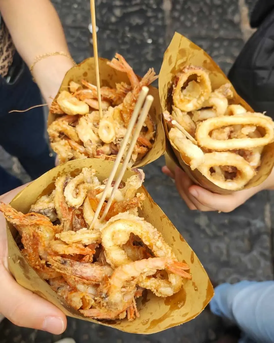 Seafood cones on the food tour in Syracuse, Italy