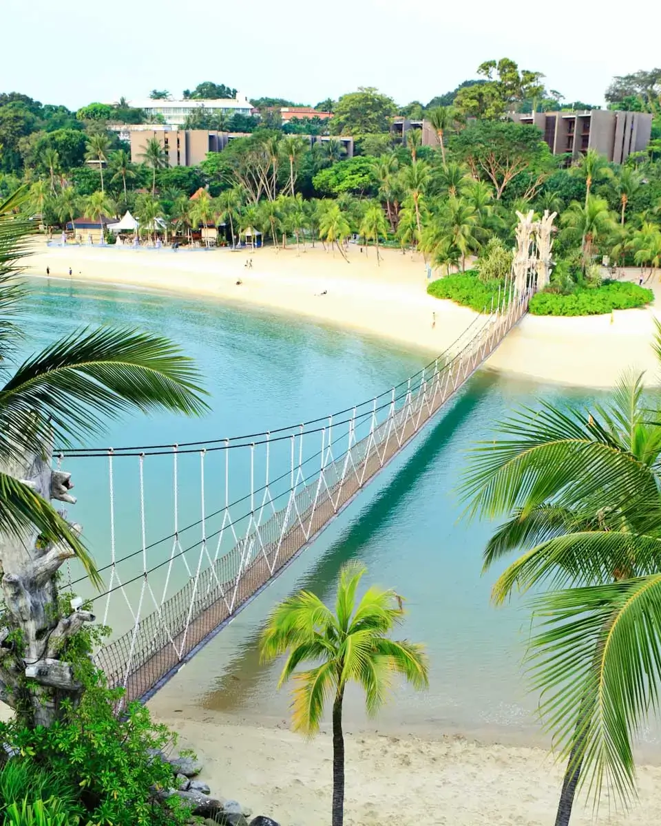 Aerial view of Sentosa Island featuring a suspension bridge, palm trees, and a sandy beach in Singapore