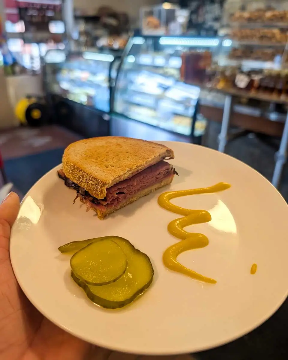 Smoked meat sandwich eaten on a food tour in Montreal, Quebec