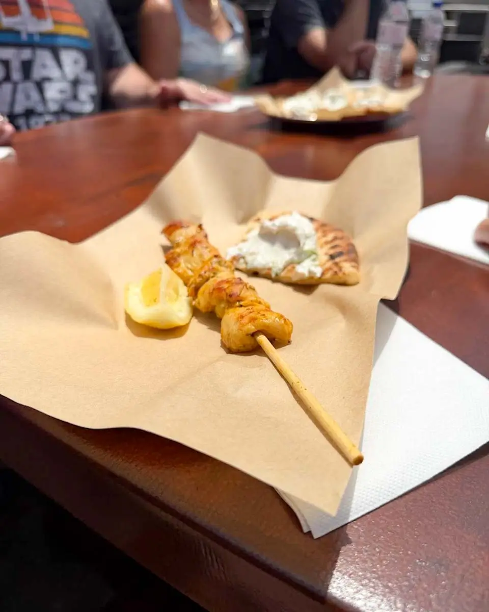 Souvlaki eaten on a food tour in Santorini, Greece