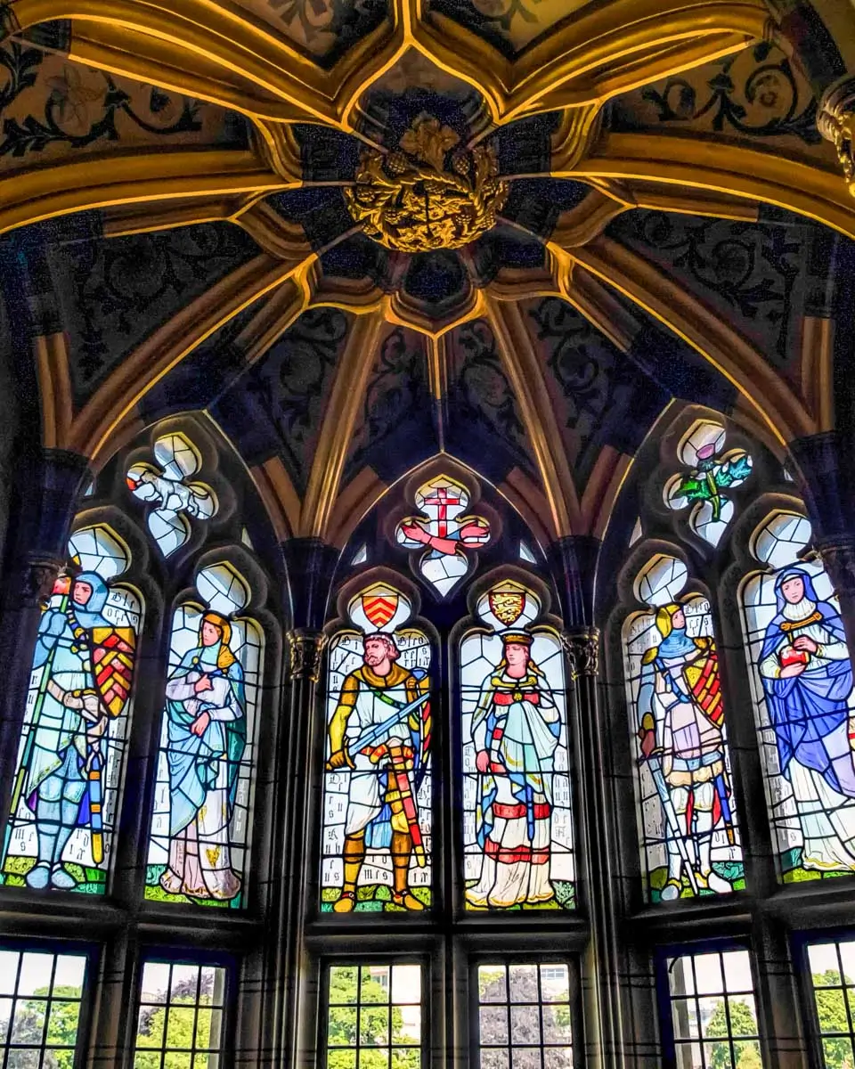 Stained glass windows in the Cardiff Castle interior in Cardiff Wales