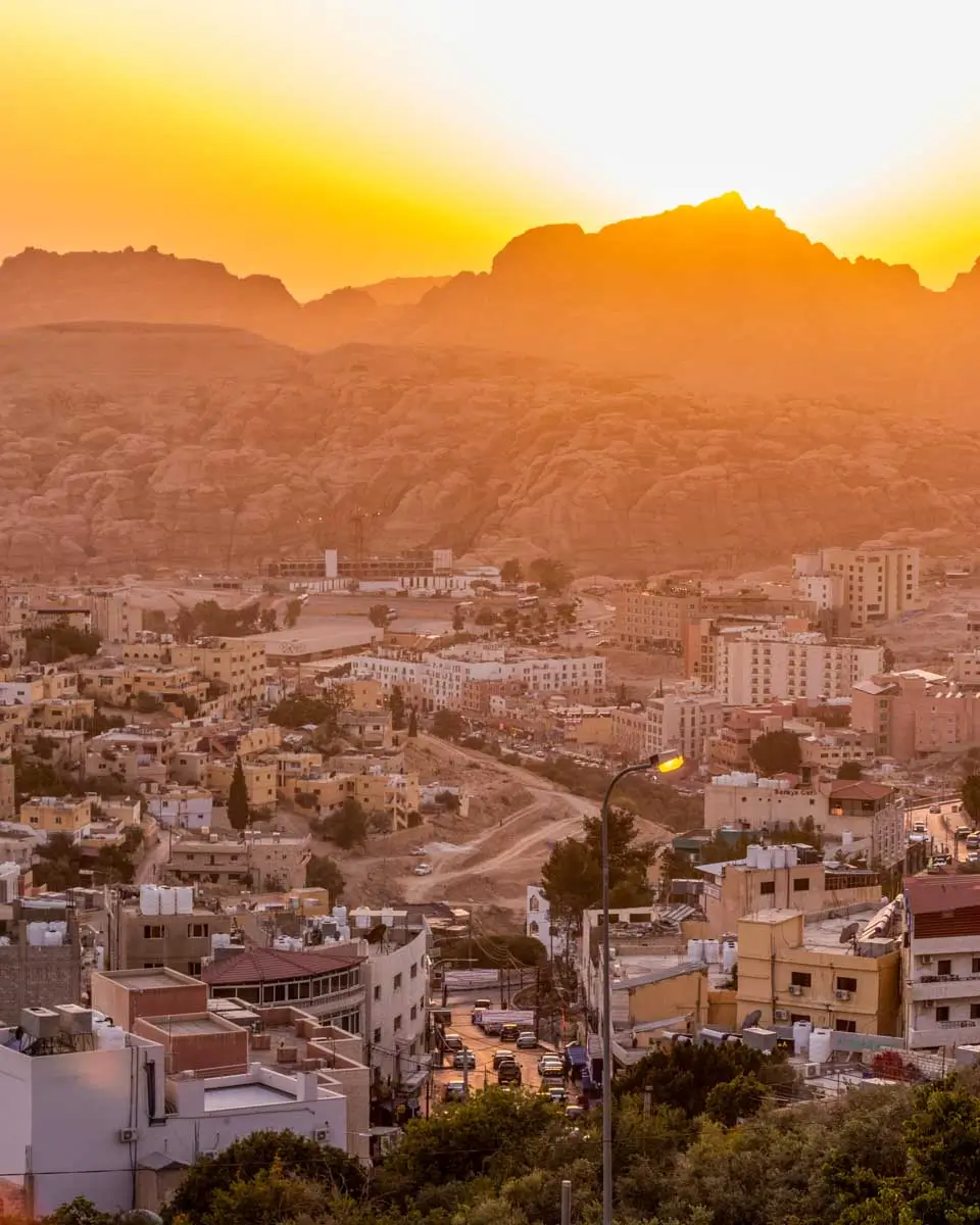 Sunset over Wadi Musa town near Petra Jordan