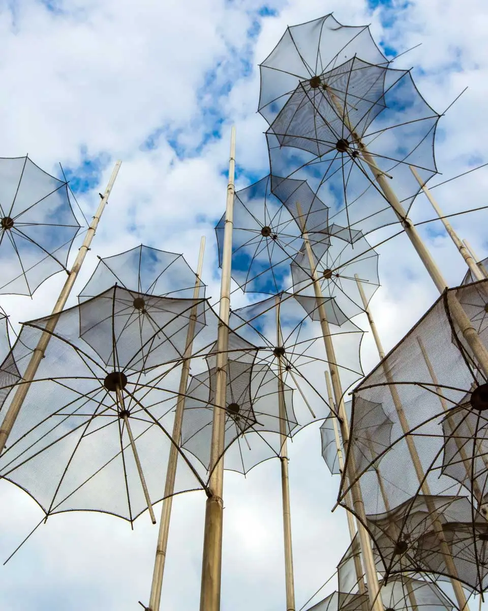 The Umbrellas installation by sculptor Giorgios Zoggolopoulos, located on the waterfront of Thessaloniki, Greece