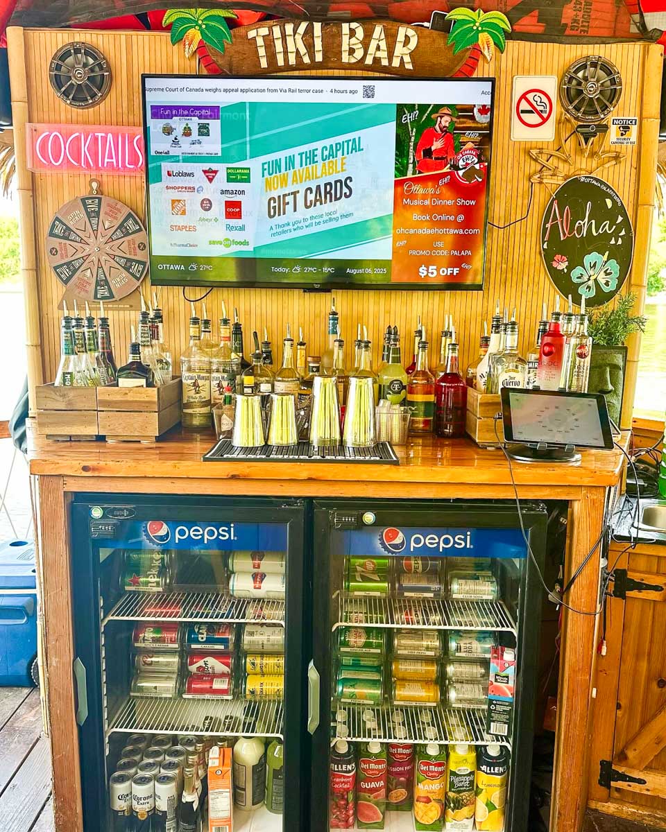 The bar area on board the Ottawa Palapa Tours tiki raft