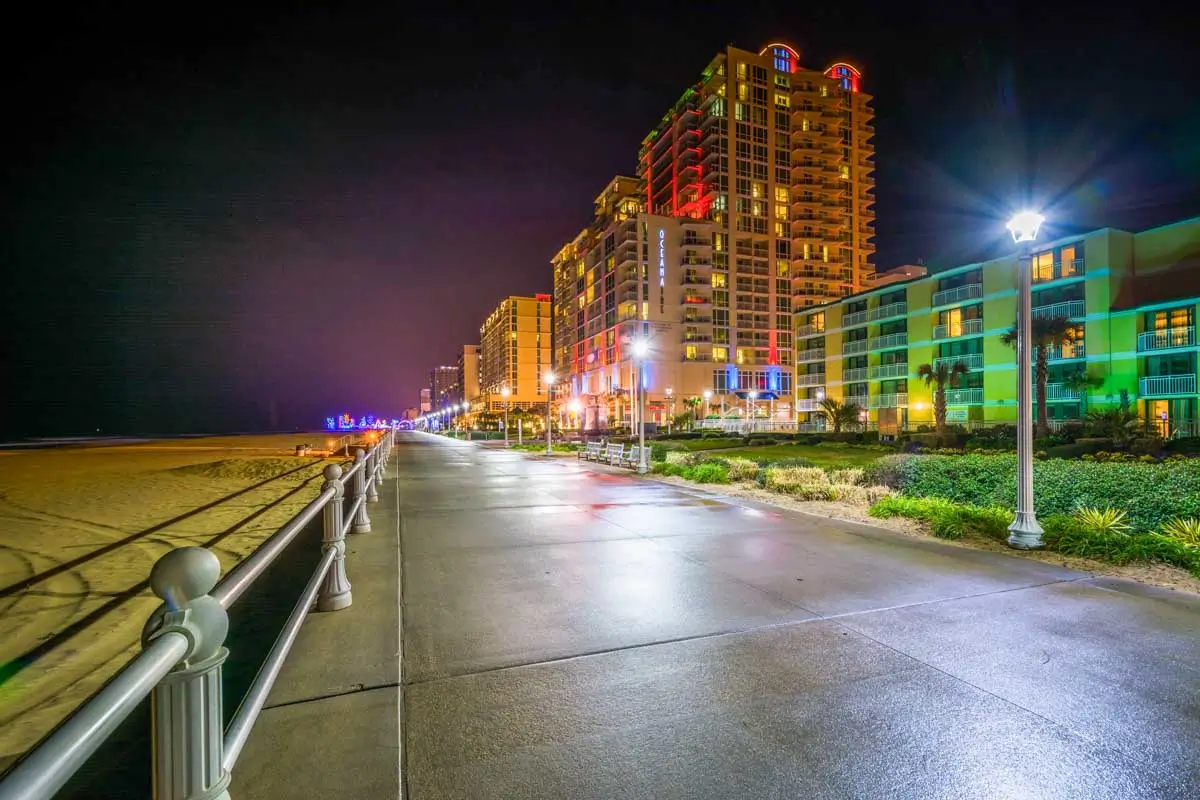 The boardwalk at night in Virginia Beach, Virginia