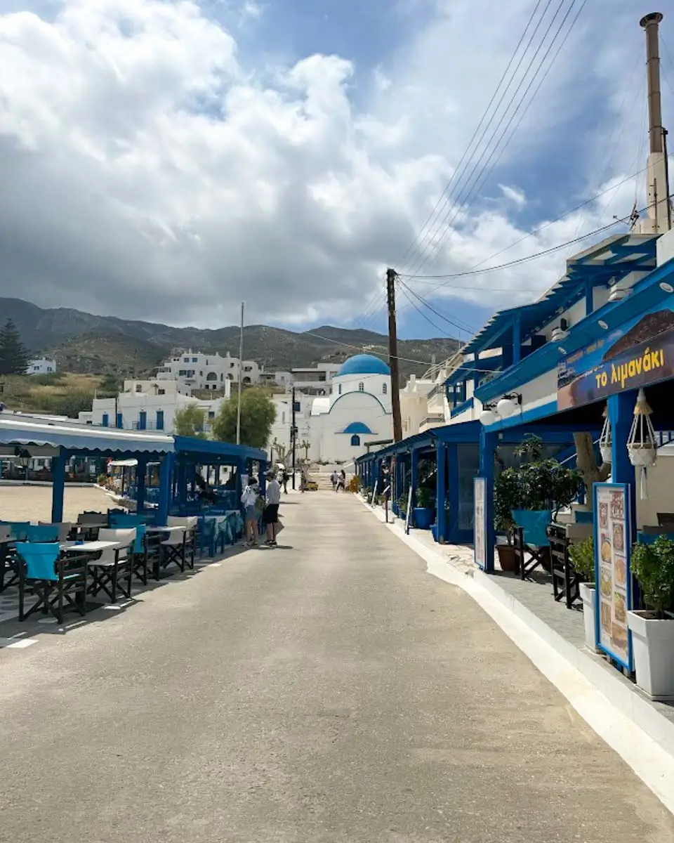 Street in Naxos Town with a church in the background