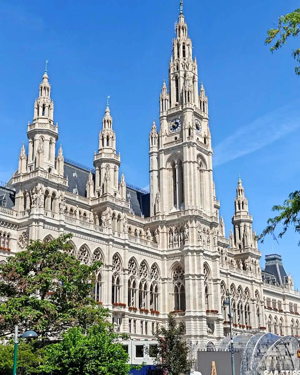 The Gothic Revival façade and clock tower of Vienna City Hall