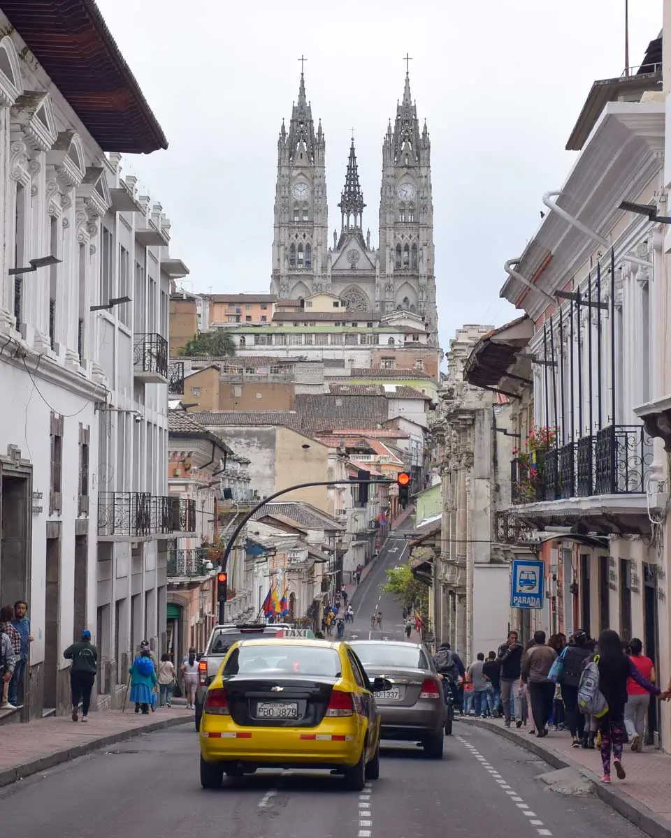 View of Basilica del Voto Nacional on a cloudy day in Quito Eccuador