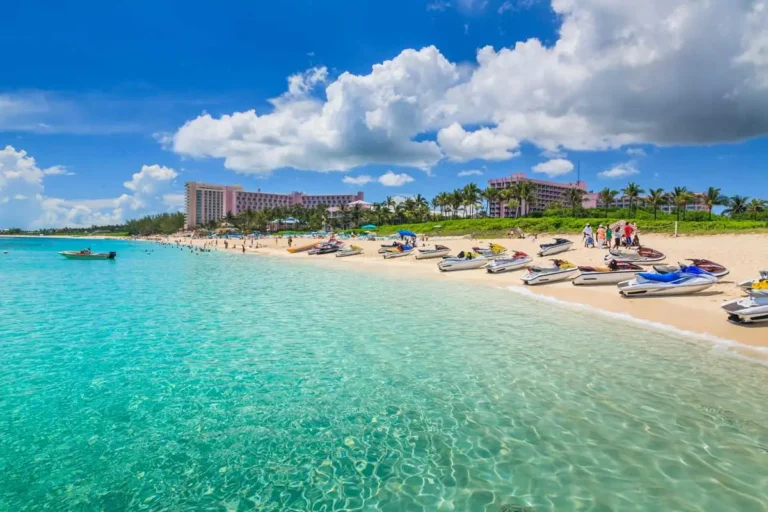 View of beach and Atlantis in Nassau, Bahamas
