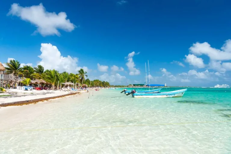 View of beach and boats in Costa Maya, Mexico