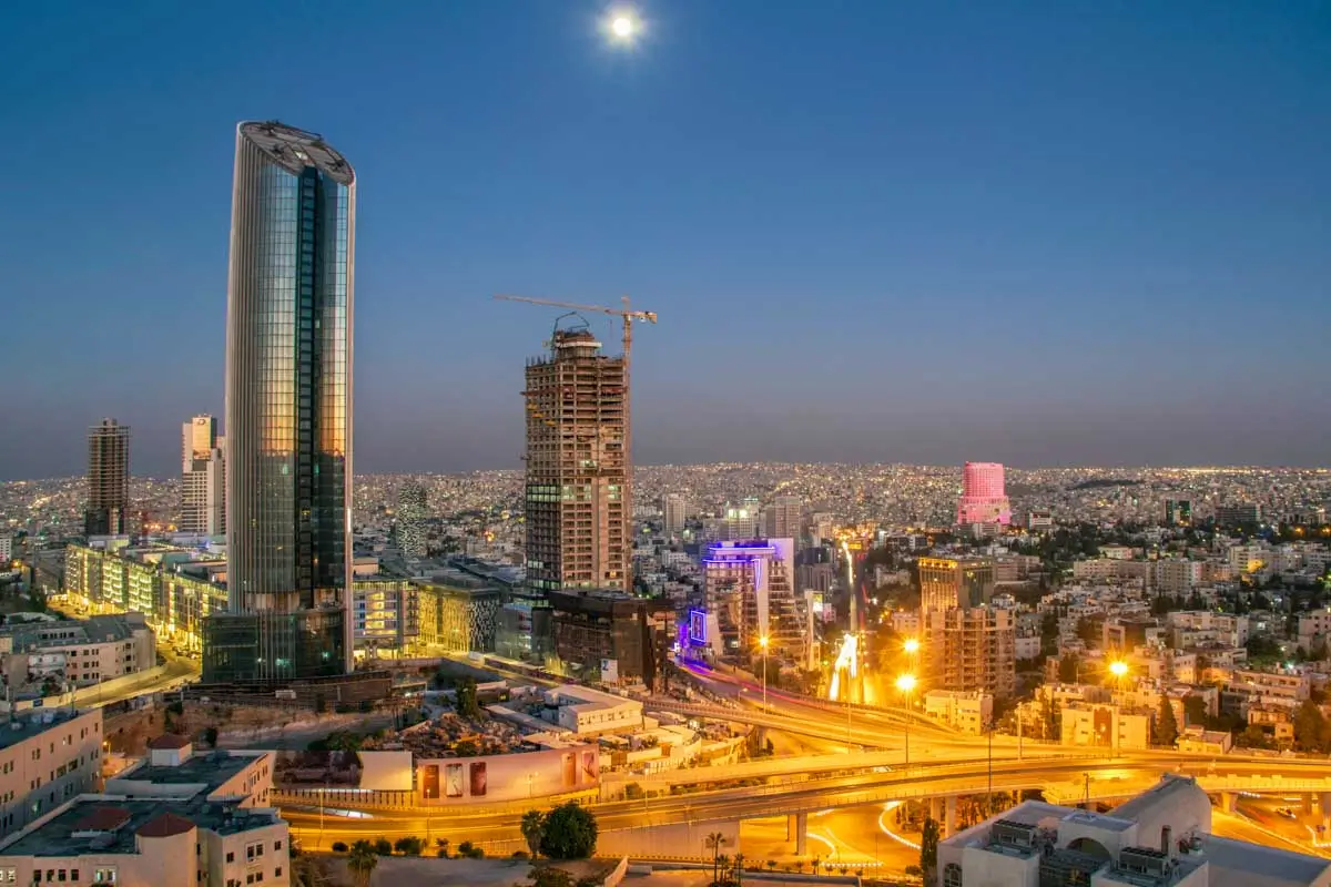 View of the Abdali area at night in Amman, Jordan