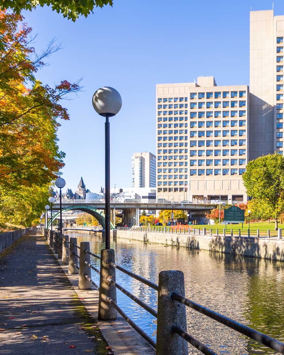 View of the Rideau Canal and city from the Ottawa River pathway
