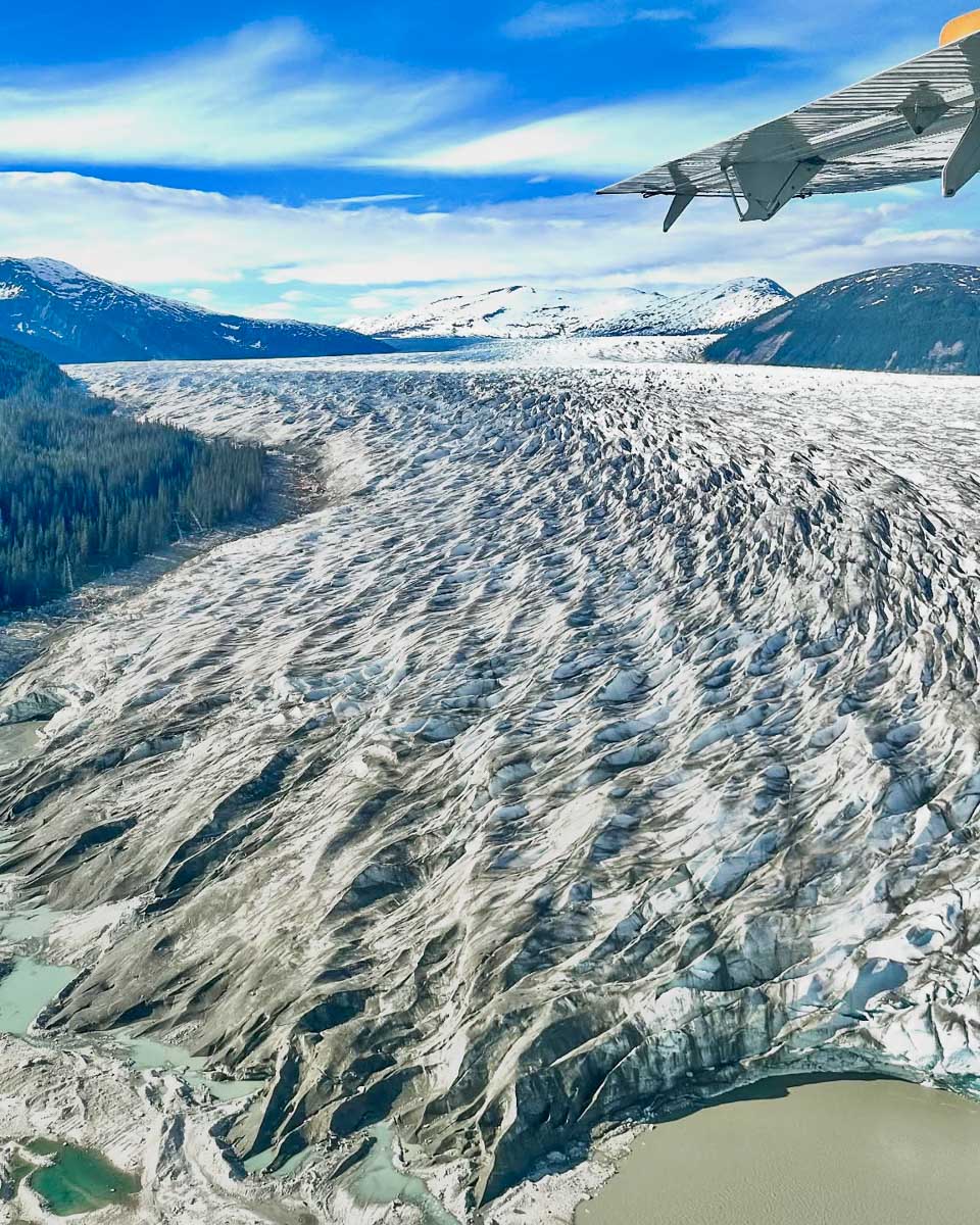 View of the Taku glacier from above on a seaplane tour with Wings Airways & The Taku Glacier Lodge