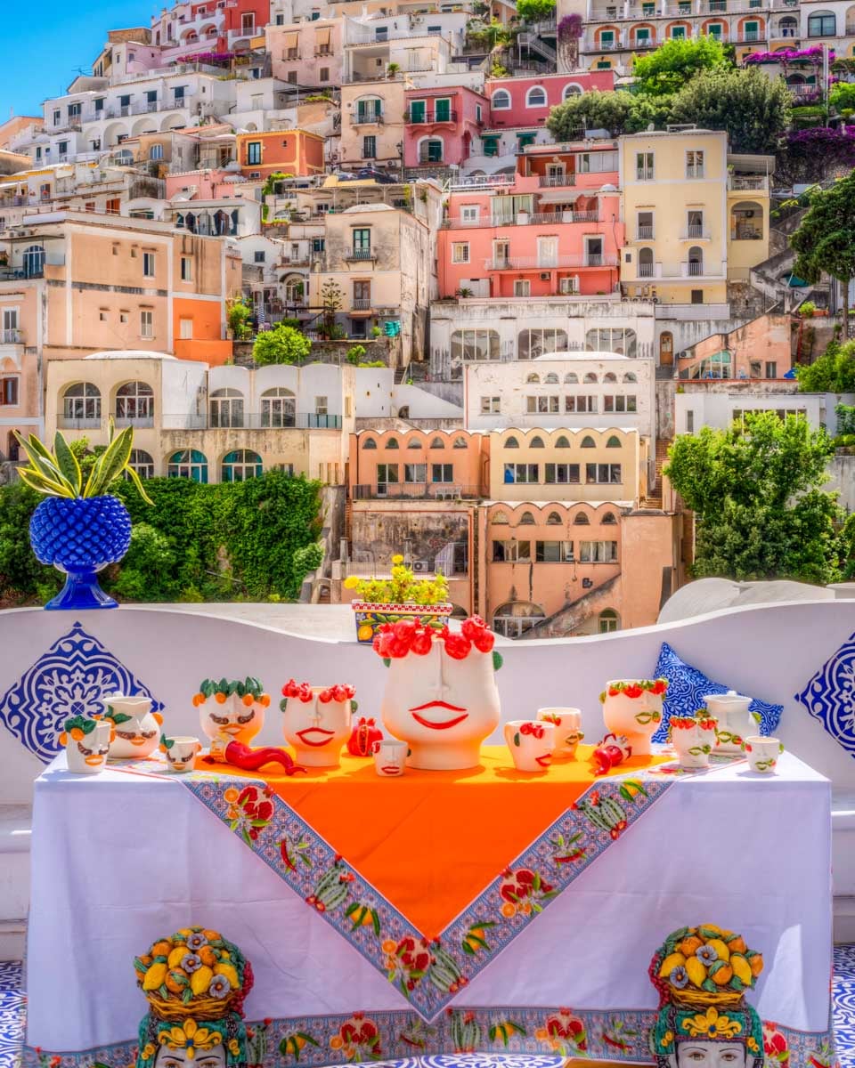 View of the village of Positano along the Amalfi Coast in Italy, with its colorful houses and porcelain products