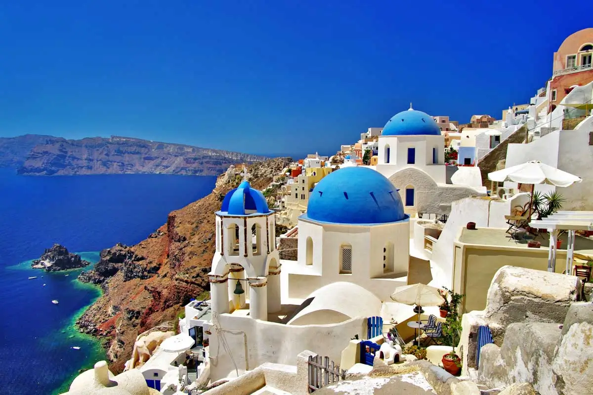 Whitewashed buildings and sea in Santorini, Greece